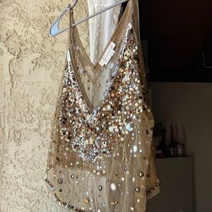 Anthropologie Gold Sequin Mesh Top